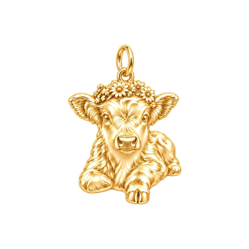 Floral Highland Calf Charm Bracelet – Personalized Mom Gift – 18K gold charm, front view