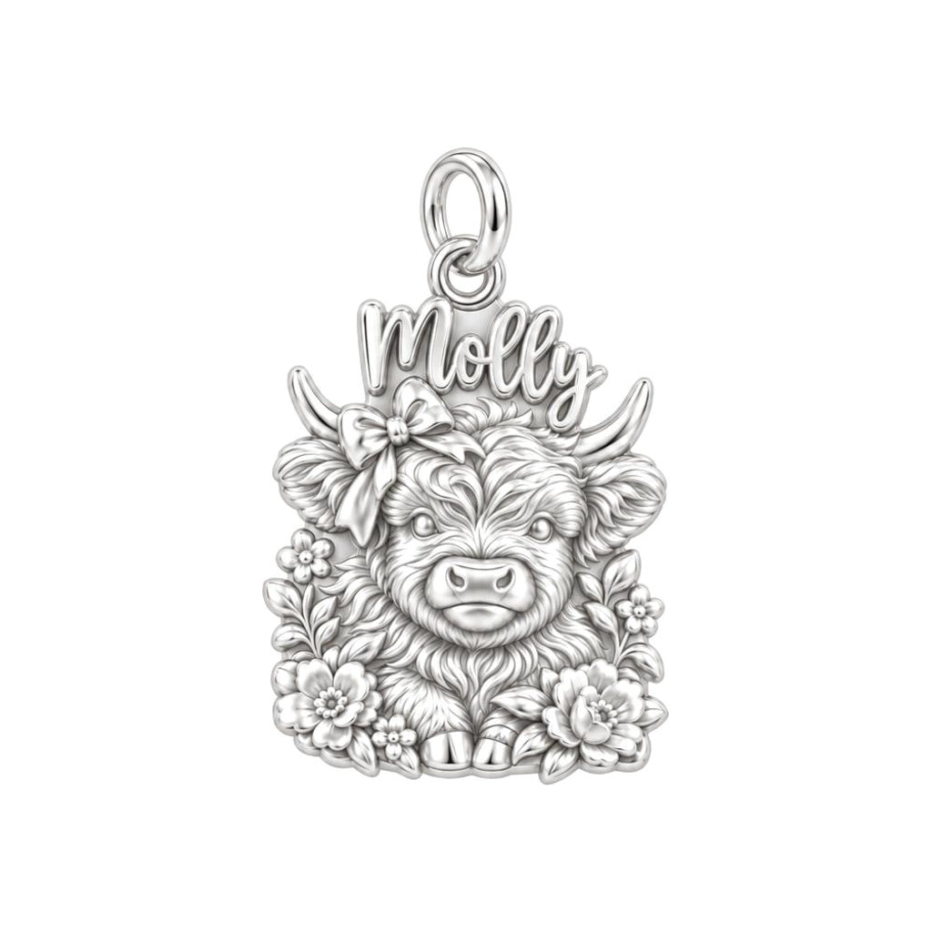 Floral Highland Cow Charm Bracelet – Personalized Mom Gift – silver plated 3 cm charm, front view