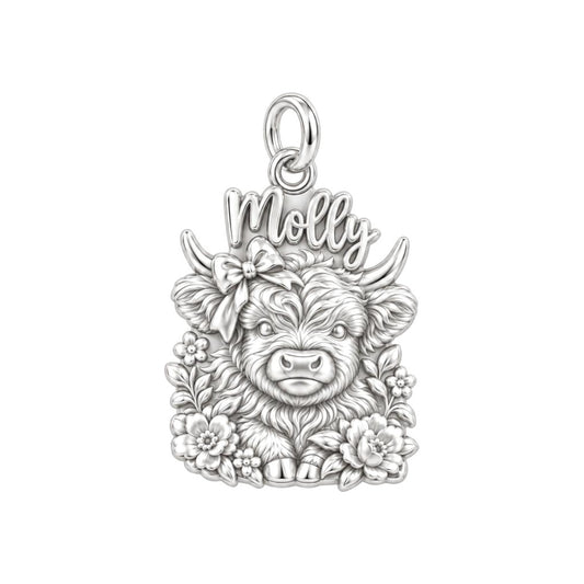 Floral Highland Cow Charm Bracelet – Personalized Mom Gift – silver plated 3 cm charm, front view