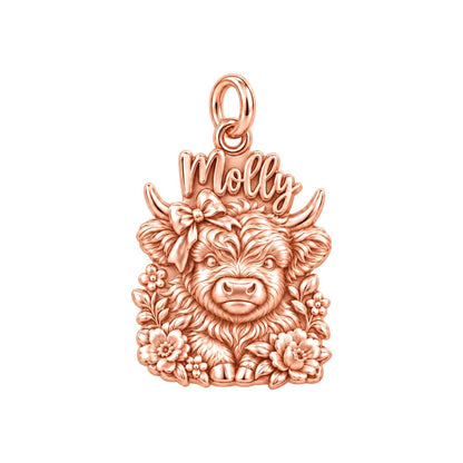 Floral Highland Cow Charm Bracelet – Personalized Mom Gift – rose gold 3 cm charm, front view