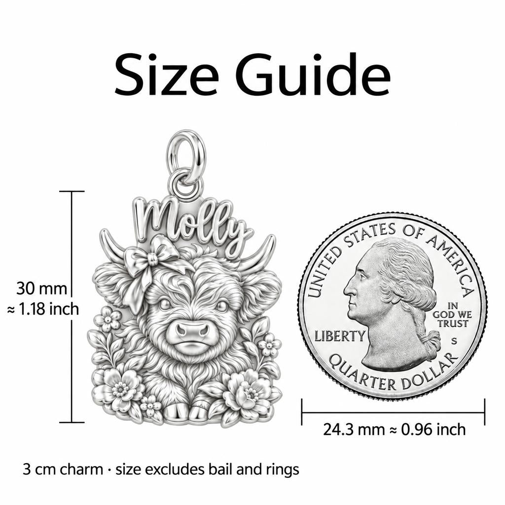 Floral Highland Cow Charm Bracelet – Personalized Mom Gift – size guide, 3 cm charm next to a quarter