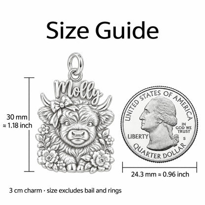 Floral Highland Cow Charm Bracelet – Personalized Mom Gift – size guide, 3 cm charm next to a quarter
