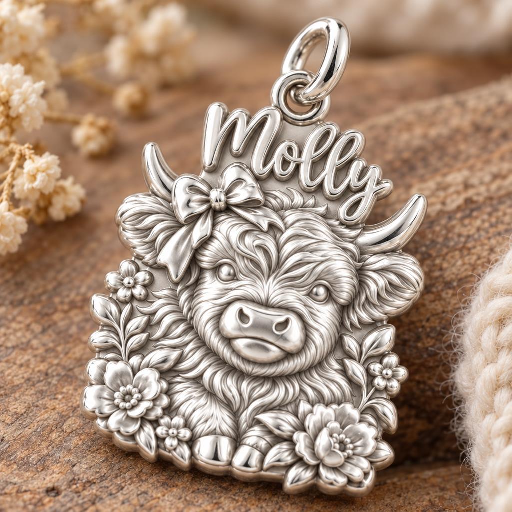 Floral Highland Cow Charm Bracelet – Personalized Mom Gift – macro detail of the charm