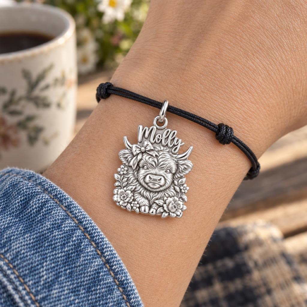 Floral Highland Cow Charm Bracelet – Personalized Mom Gift – worn on the wrist on a black cord bracelet