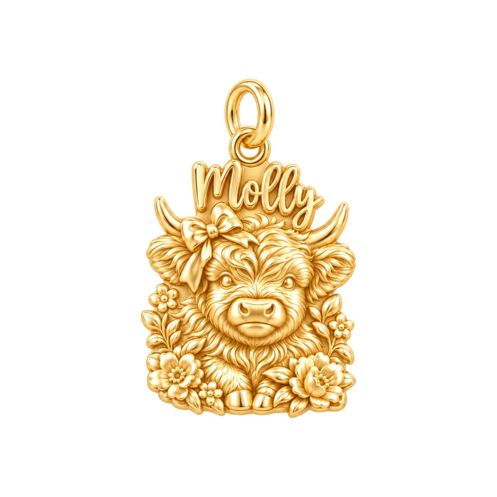 Floral Highland Cow Charm Bracelet – Personalized Mom Gift – 18K gold plated 3 cm charm, front view