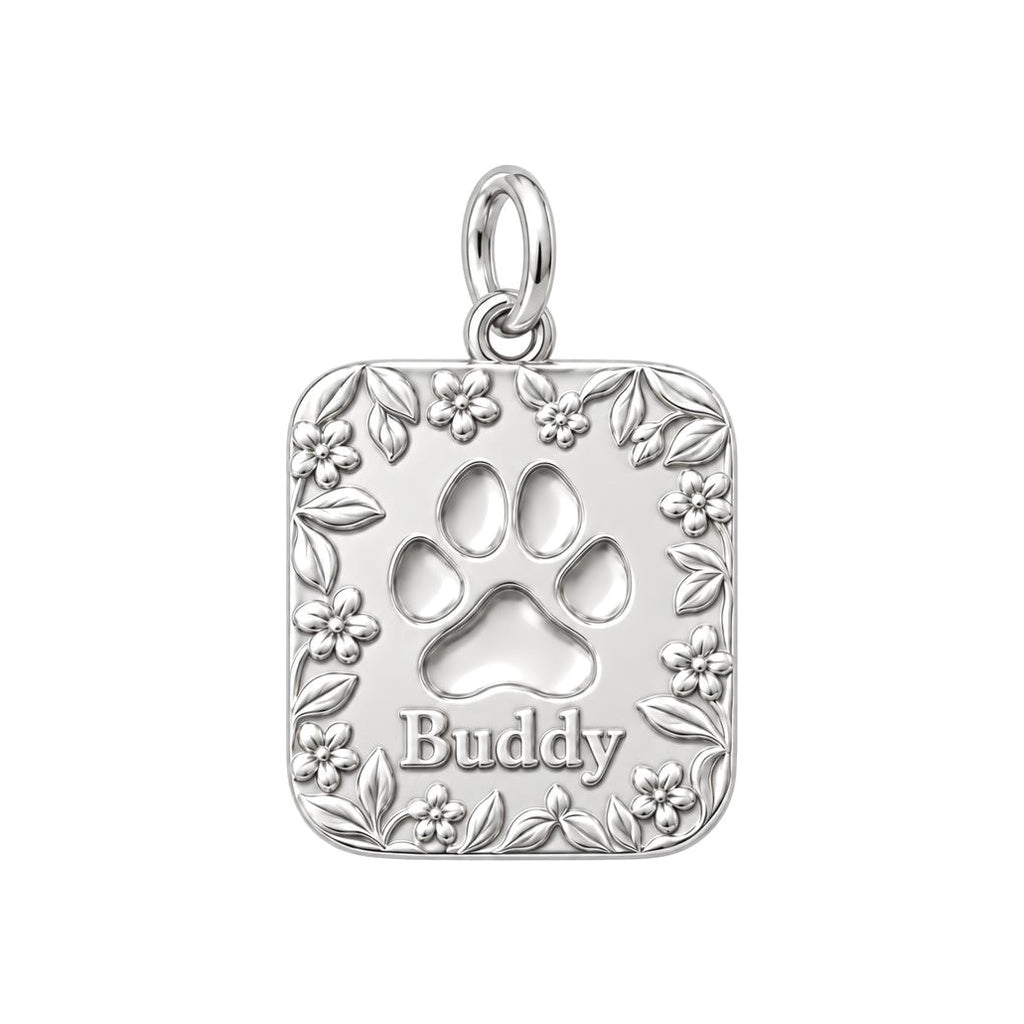 Floral Paw Print Charm Bracelet – Personalized Dog Mom Gift – silver charm, front view