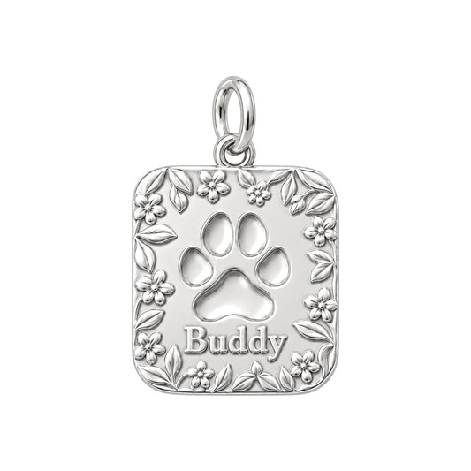 Floral Paw Print Charm Bracelet – Personalized Dog Mom Gift – silver charm, front view