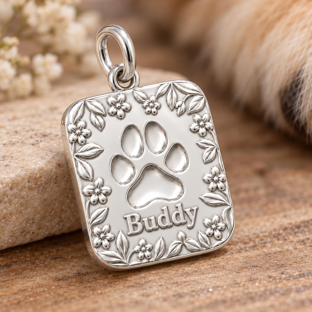 Floral Paw Print Charm Bracelet – Personalized Dog Mom Gift – macro detail of the charm