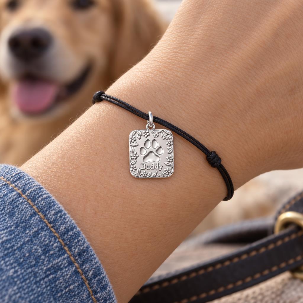 Floral Paw Print Charm Bracelet – Personalized Dog Mom Gift – worn on the wrist on a black cord bracelet