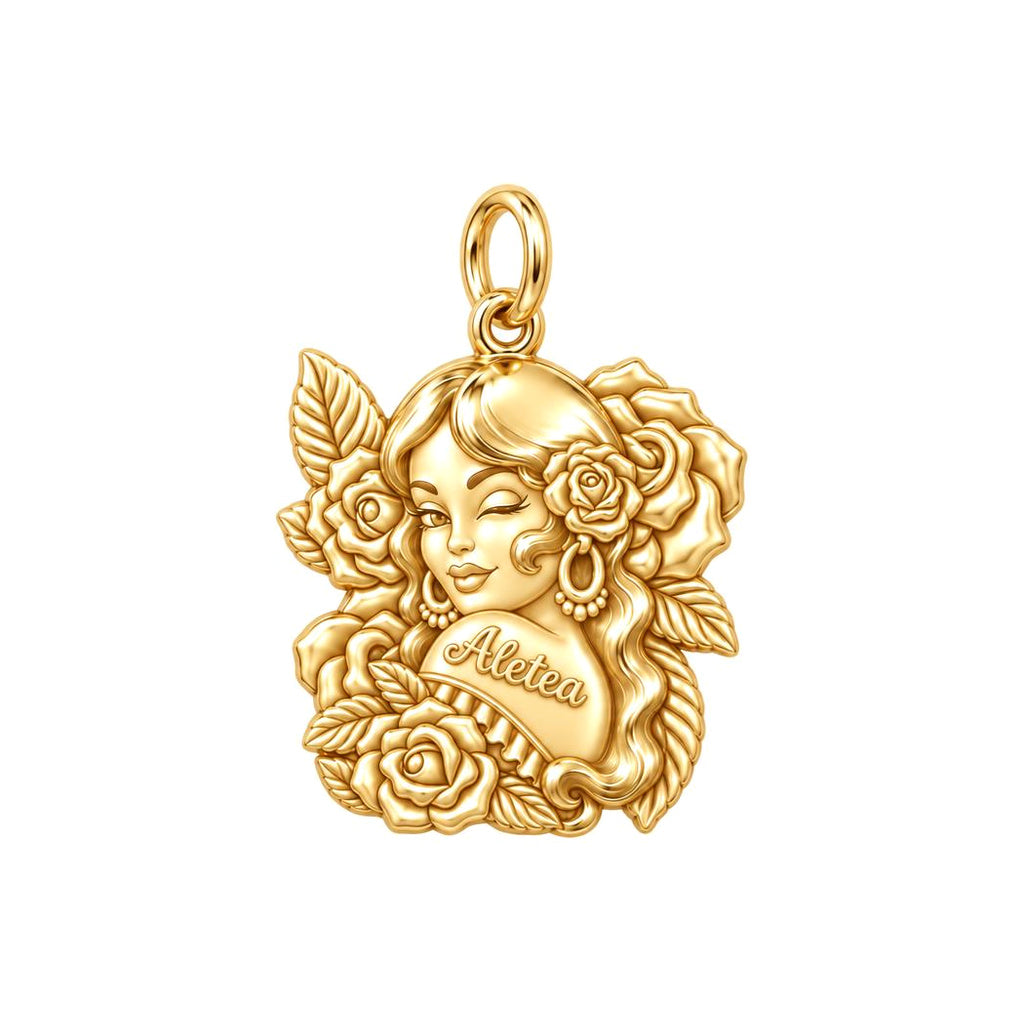 Floral Rose Tattoo Girl Charm Bracelet – Personalized Mom Gift – 18K gold plated 3 cm charm, front view
