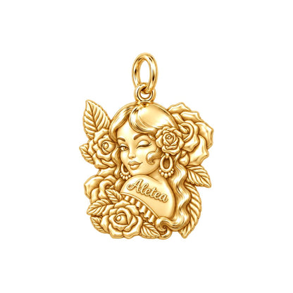 Floral Rose Tattoo Girl Charm Bracelet – Personalized Mom Gift – 18K gold plated 3 cm charm, front view