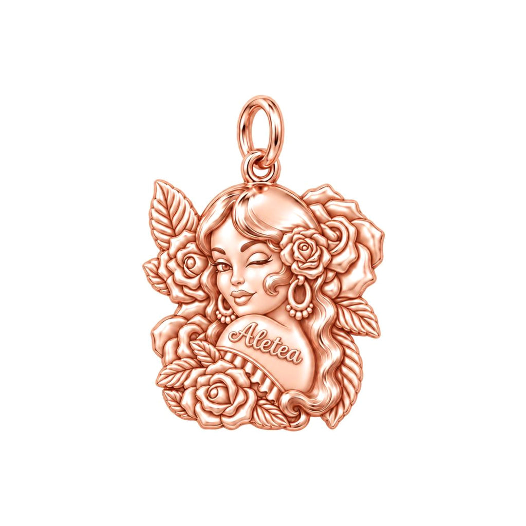 Floral Rose Tattoo Girl Charm Bracelet – Personalized Mom Gift – rose gold 3 cm charm, front view