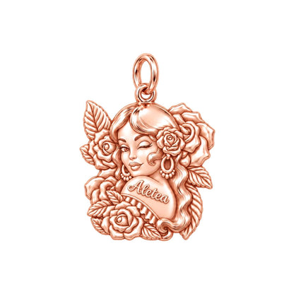 Floral Rose Tattoo Girl Charm Bracelet – Personalized Mom Gift – rose gold 3 cm charm, front view