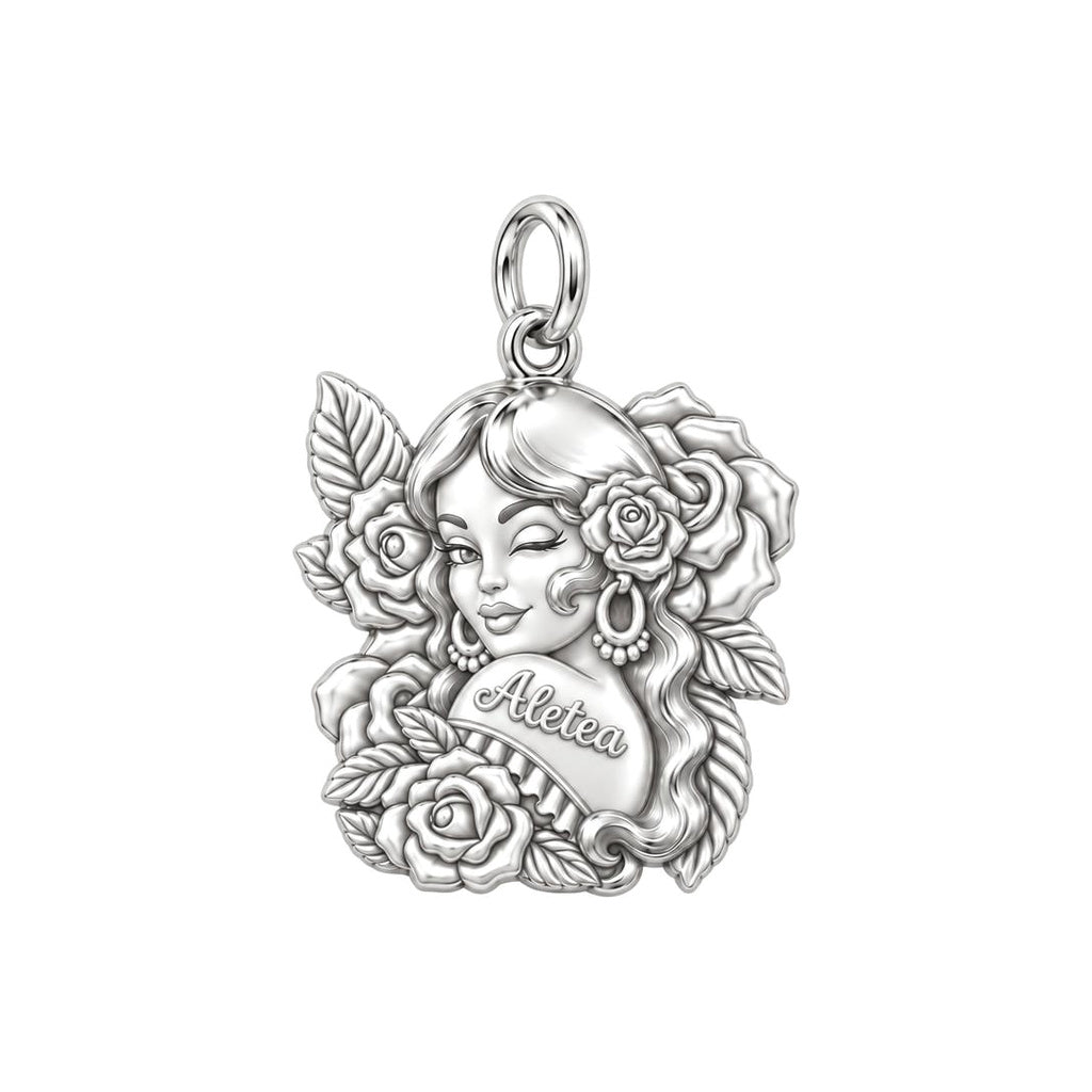 Floral Rose Tattoo Girl Charm Bracelet – Personalized Mom Gift – silver plated 3 cm charm, front view