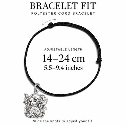 Floral Rose Tattoo Girl Charm Bracelet – Personalized Mom Gift – adjustable black cord bracelet, 14–24 cm
