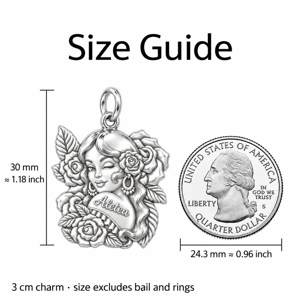 Floral Rose Tattoo Girl Charm Bracelet – Personalized Mom Gift – size guide, 3 cm charm next to a quarter