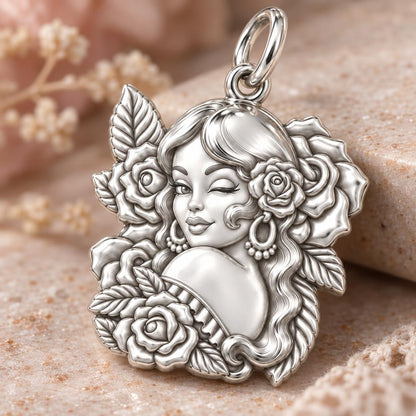 Floral Rose Tattoo Girl Charm Bracelet – Personalized Mom Gift – macro detail of the charm