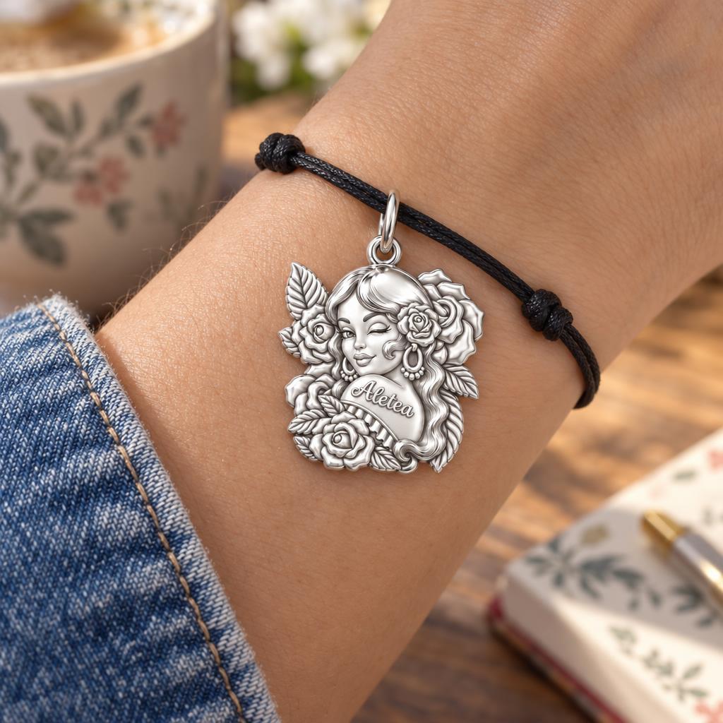 Floral Rose Tattoo Girl Charm Bracelet – Personalized Mom Gift – worn on the wrist on a black cord bracelet
