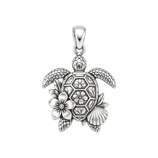 Floral Sea Turtle Charm Bracelet – Personalized Mom Gift – silver charm, front view