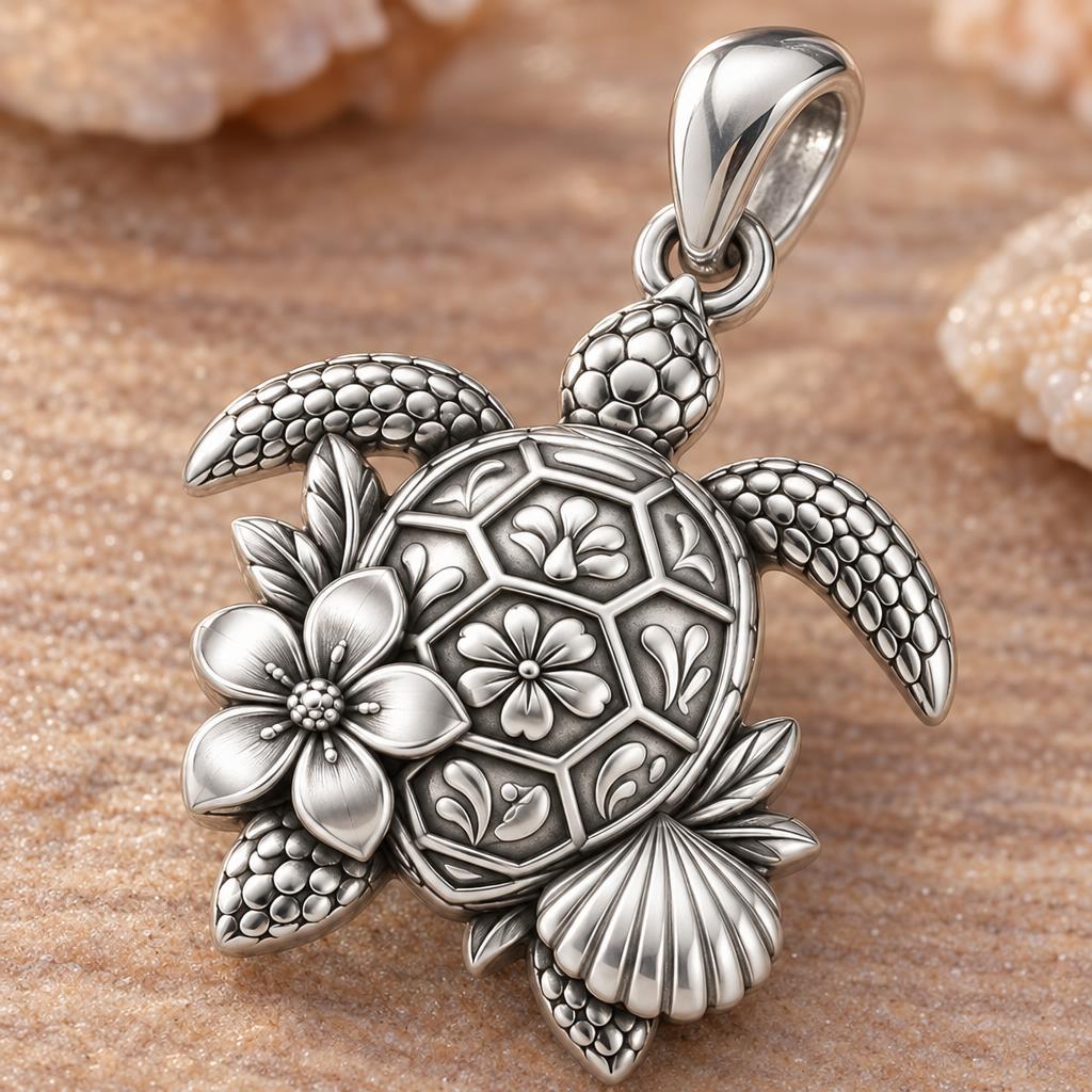 Floral Sea Turtle Charm Bracelet – Personalized Mom Gift – macro detail of the charm
