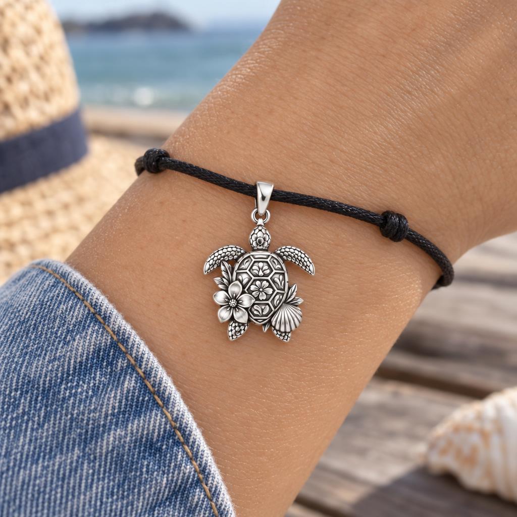 Floral Sea Turtle Charm Bracelet – Personalized Mom Gift – worn on the wrist on a black cord bracelet
