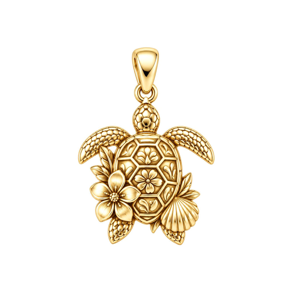 Floral Sea Turtle Charm Bracelet – Personalized Mom Gift – 18K gold charm, front view