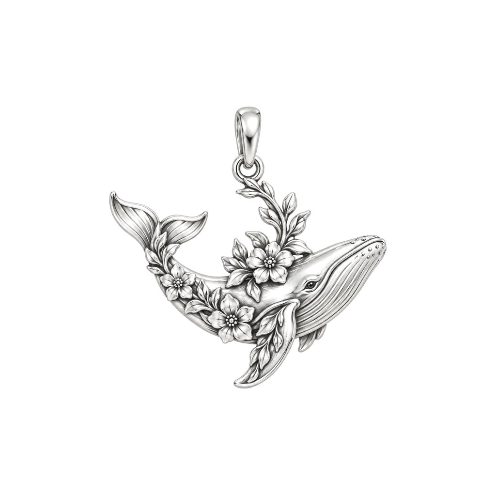 Floral Song Humpback Whale Charm Bracelet – Personalized Mom Gift – silver charm, front view