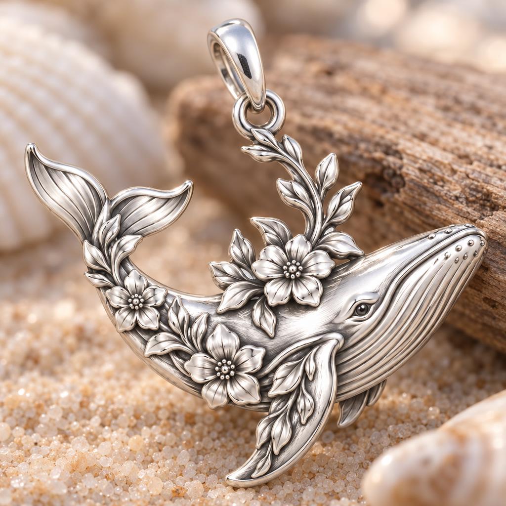 Floral Song Humpback Whale Charm Bracelet – Personalized Mom Gift – macro detail of the charm