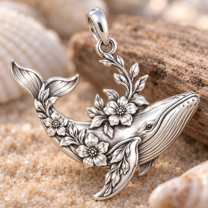 Floral Song Humpback Whale Charm Bracelet – Personalized Mom Gift – macro detail of the charm