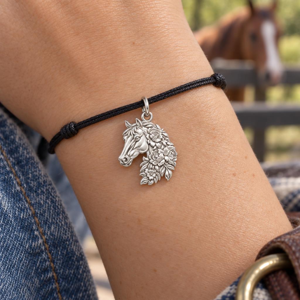 Floral Spirit Horse Charm Bracelet – Personalized Horse Lover Gift – worn on the wrist on a black cord bracelet