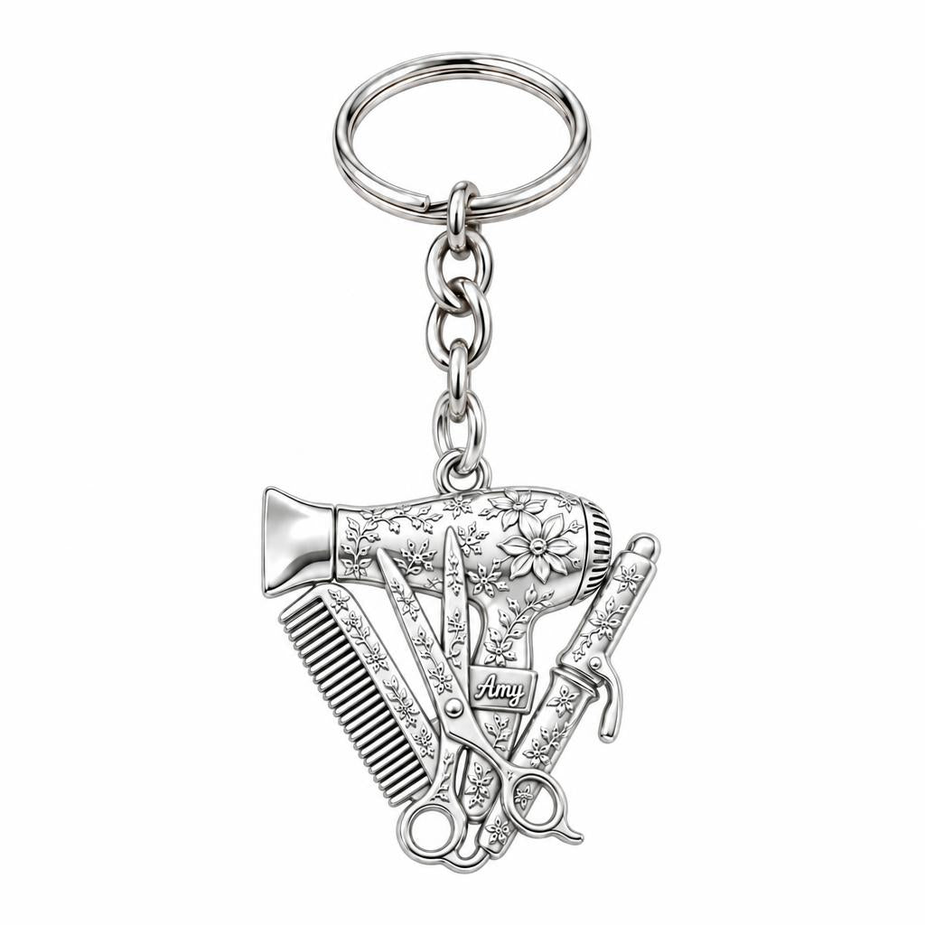 Floral Stylist Tools Charm Keychain – silver, front view