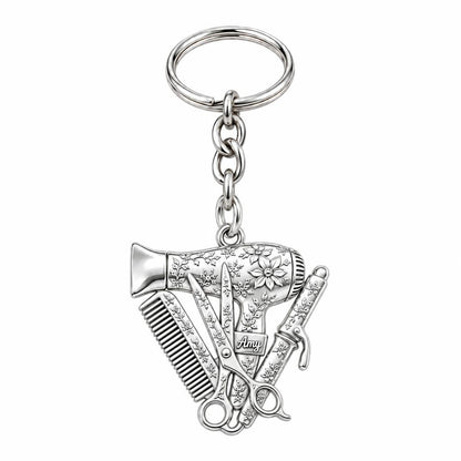 Floral Stylist Tools Charm Keychain – silver, front view