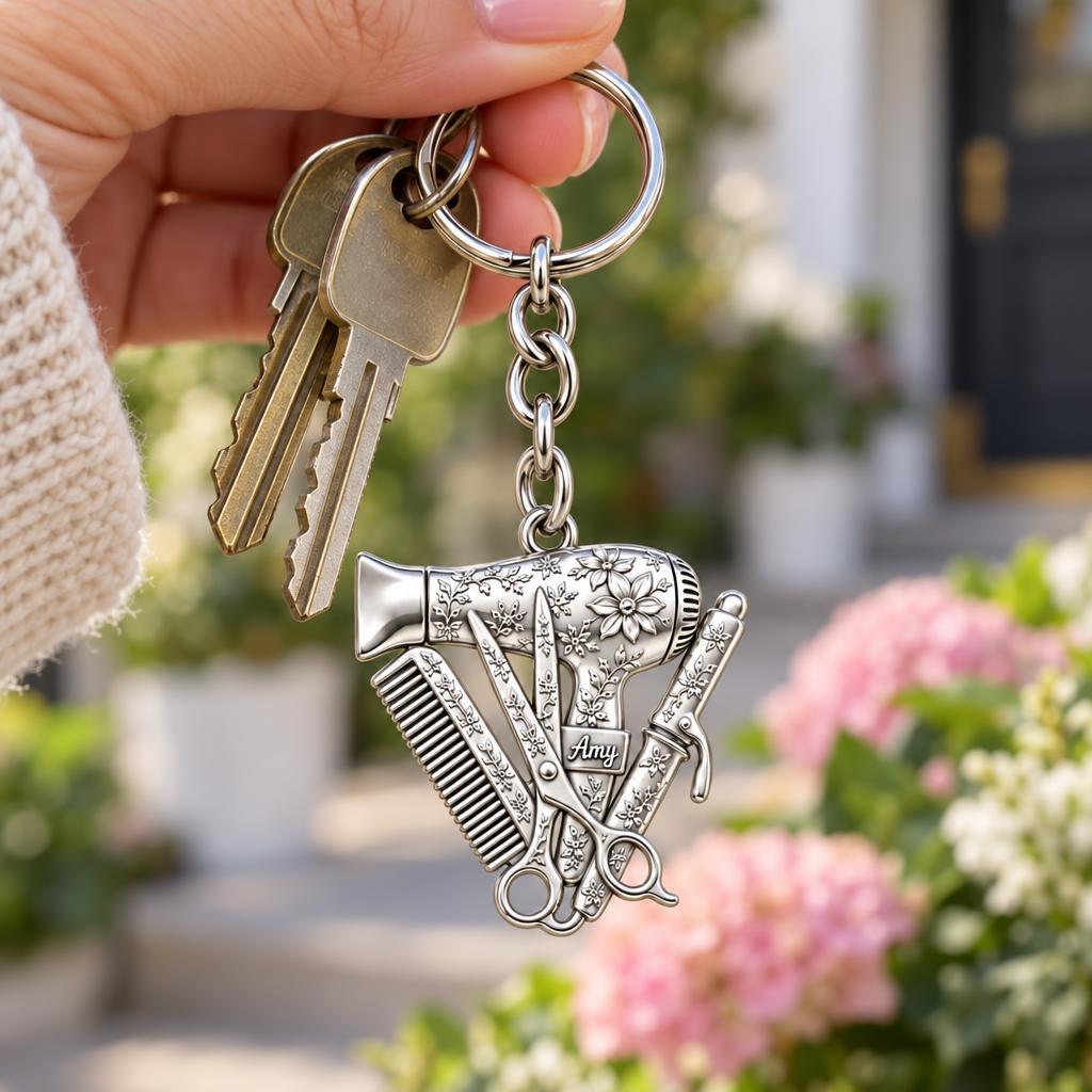 Floral Stylist Tools Charm Keychain – worn / in use