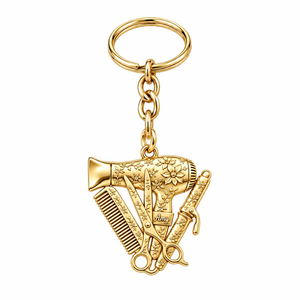 Floral Stylist Tools Charm Keychain – 18K gold, front view