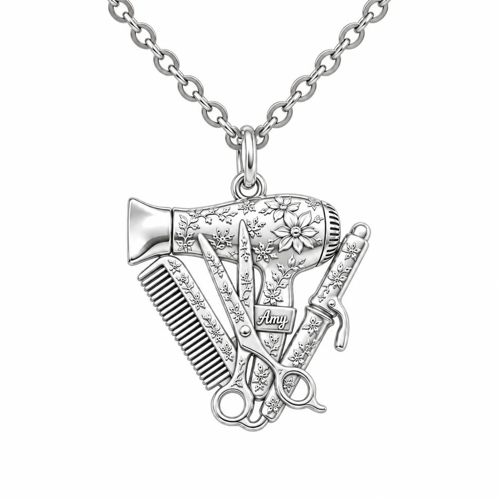 Floral Stylist Tools Charm Necklace Set – silver, front view
