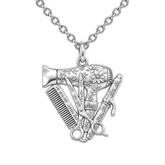 Floral Stylist Tools Charm Necklace Set – silver, front view