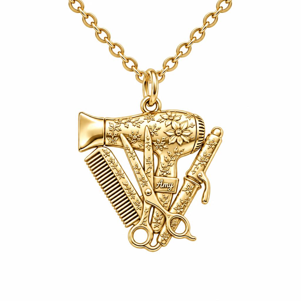 Floral Stylist Tools Charm Necklace Set – 18K gold, front view