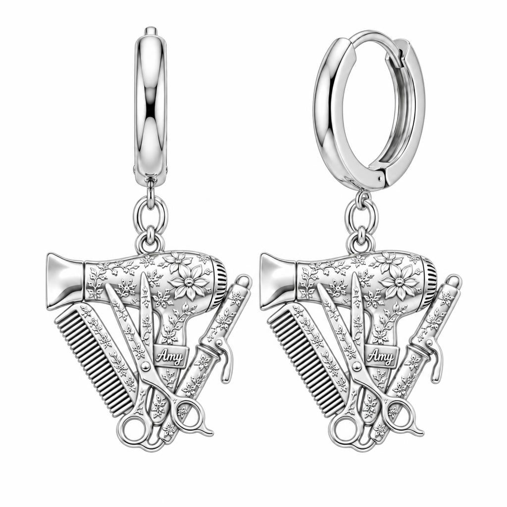 Floral Stylist Tools Huggie Charm Earrings – silver, front view