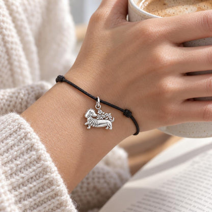Floral Sweater Dachshund Charm and Polyester Cord Bracelet Set