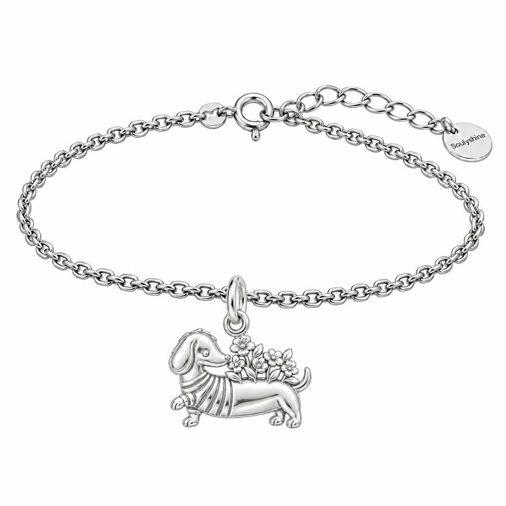 Floral Sweater Dachshund Charm Bracelet Set – silver, front view