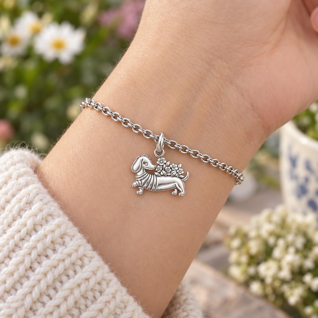 Floral Sweater Dachshund Charm Bracelet Set – worn / in use