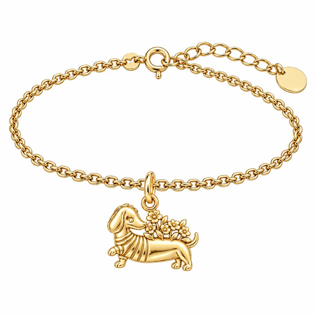 Floral Sweater Dachshund Charm Bracelet Set – 18K gold, front view
