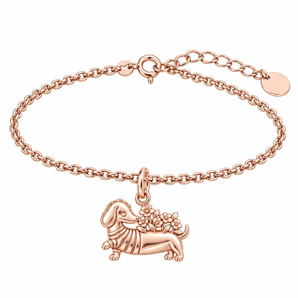 Floral Sweater Dachshund Charm Bracelet Set – rose gold, front view