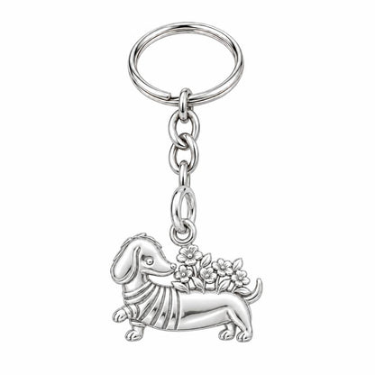 Floral Sweater Dachshund Charm Keychain – silver, front view