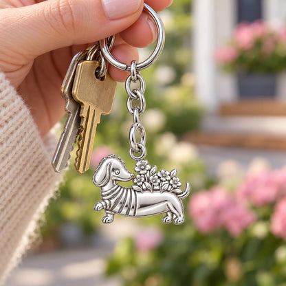Floral Sweater Dachshund Charm Keychain – worn / in use