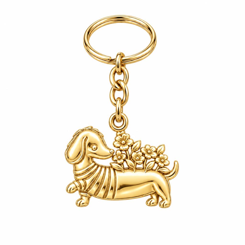 Floral Sweater Dachshund Charm Keychain – 18K gold, front view