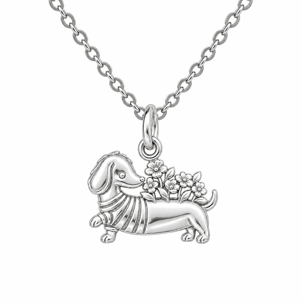 Floral Sweater Dachshund Charm Necklace Set – silver, front view