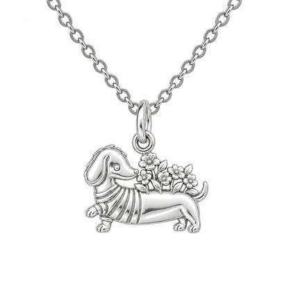 Floral Sweater Dachshund Charm Necklace Set – silver, front view