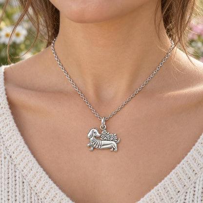 Floral Sweater Dachshund Charm Necklace Set – worn / in use