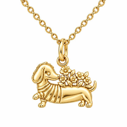 Floral Sweater Dachshund Charm Necklace Set – 18K gold, front view